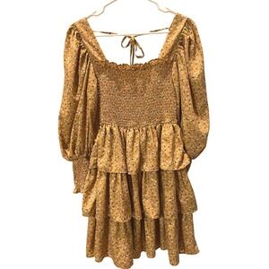 Byinns Mustard Yellow Floral Smocked Tiered Mini Dress Puff Sleeve Womens Large